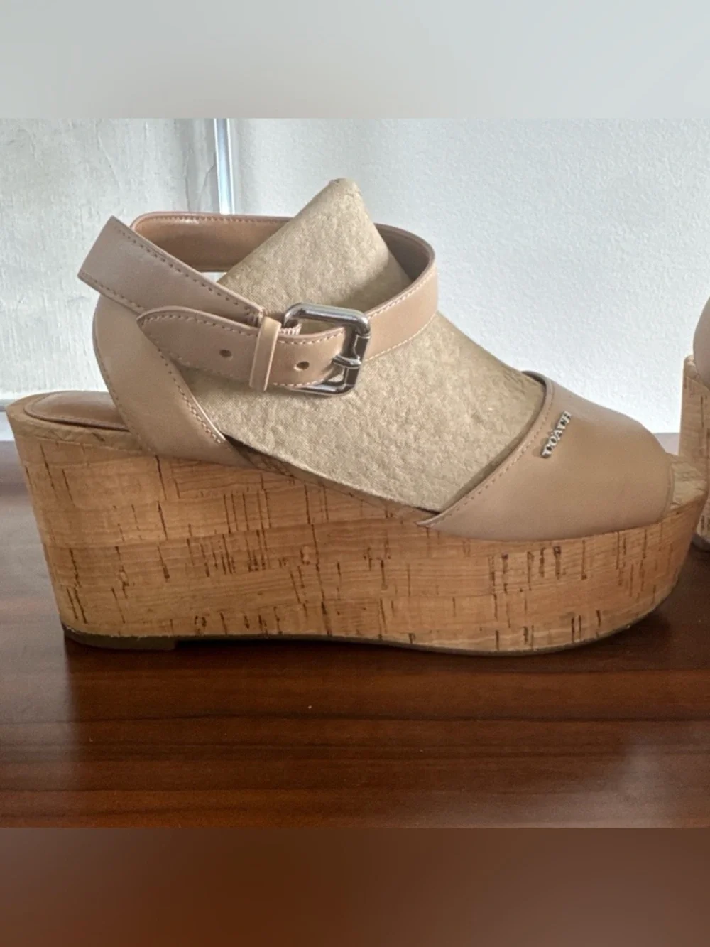 COACH Becka Leather Cork Wedge Sandals Platform Nude Tan Size 8 - Picture 5 of 9